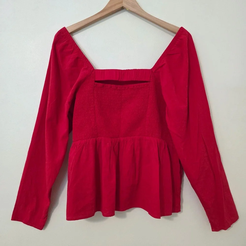 Old Navy Smocked Crepe Top Sz XL Long Puff Sleeve Red Square Neck